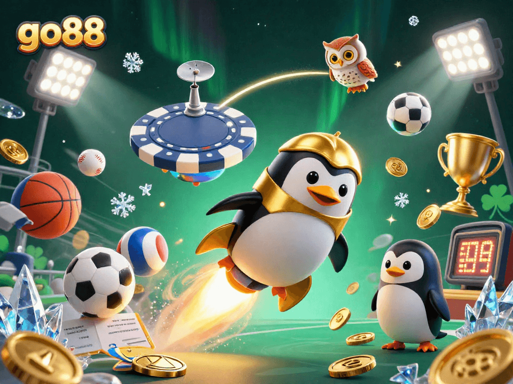 Experience the thrill of go88's cosmic adventure as a golden penguin blasts towards a poker chip casino!