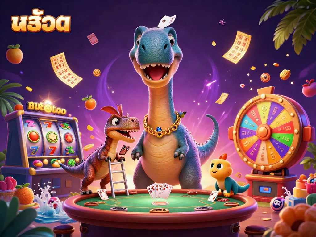 Experience thrilling slots with a cartoon brontosaurus and colorful elements in this vibrant casino scene.