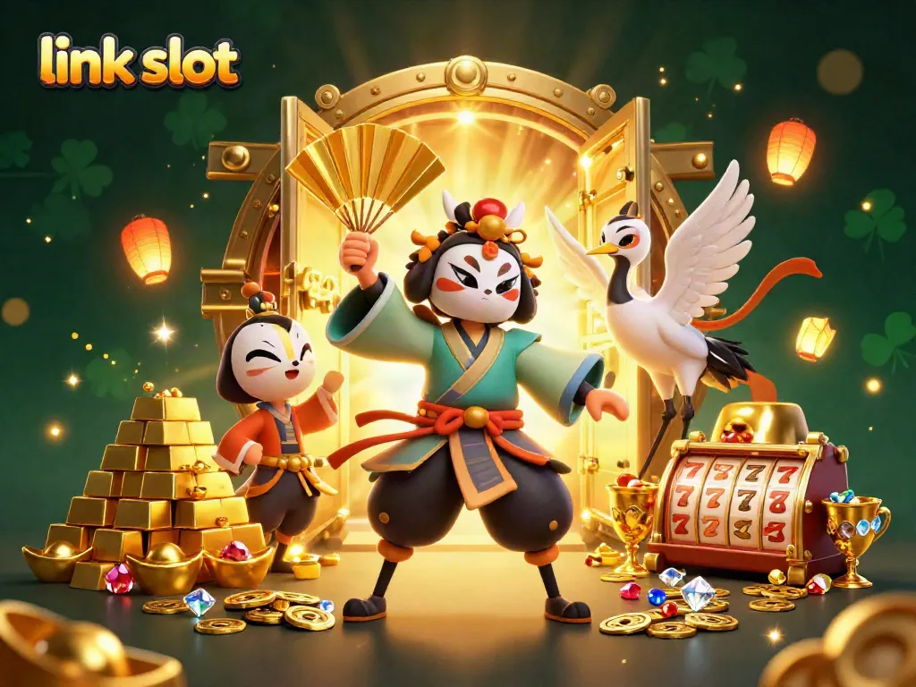 Experience the thrill of link slot reels with a vibrant 3D casino scene showcasing dynamic characters.