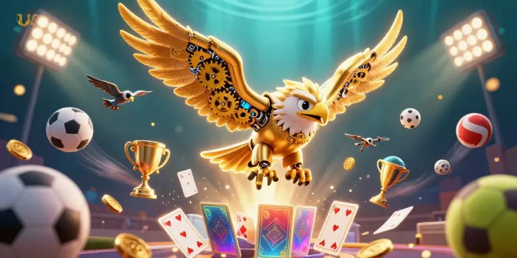 Experience the thrill of uu88 with a dynamic casino scene featuring a golden eagle and sports elements.