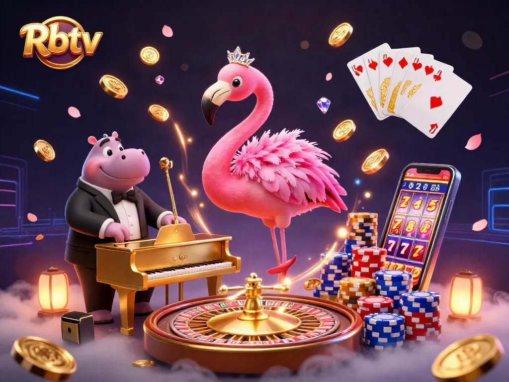 Rbtv menampilkan penyanyi flamingo di piano emas, dikelilingi koin emas dan elemen kasino lainnya.