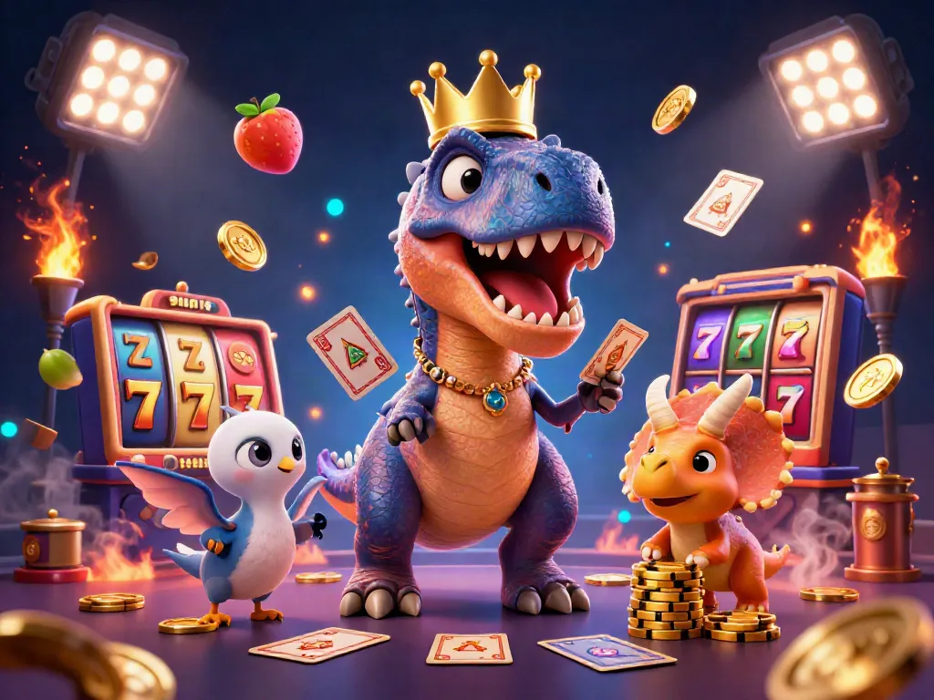 Experience thrilling gameplay with 98WIN's animated T-Rex and friends capturing the casino atmosphere.