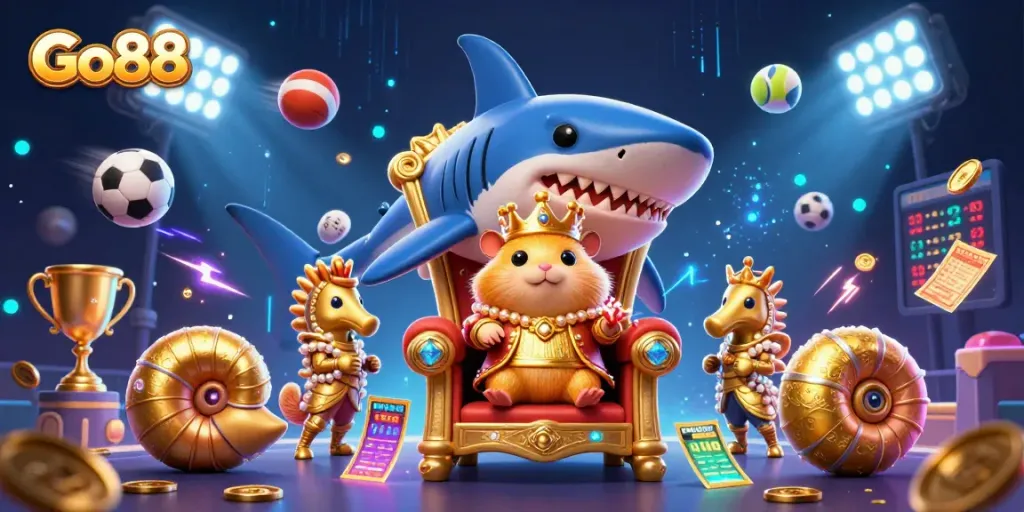 Go88 features a fierce golden hamster king amidst a vibrant 3D casino scene filled with dynamic sports elements.