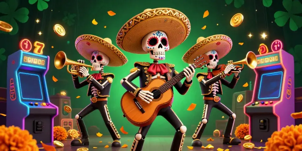 Experience the vibrant abc8 casino scene with skeleton mariachi band and colorful slot elements.