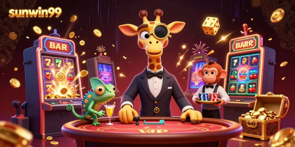 Experience sunwin99's excitement with a high-roller giraffe featuring lavish casino elements.