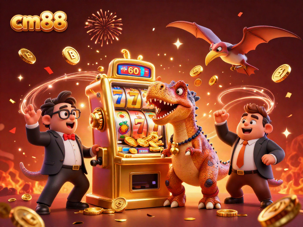 cm88's dynamic casino scene with dinosaurs celebrating a slot machine jackpot amid falling coins
