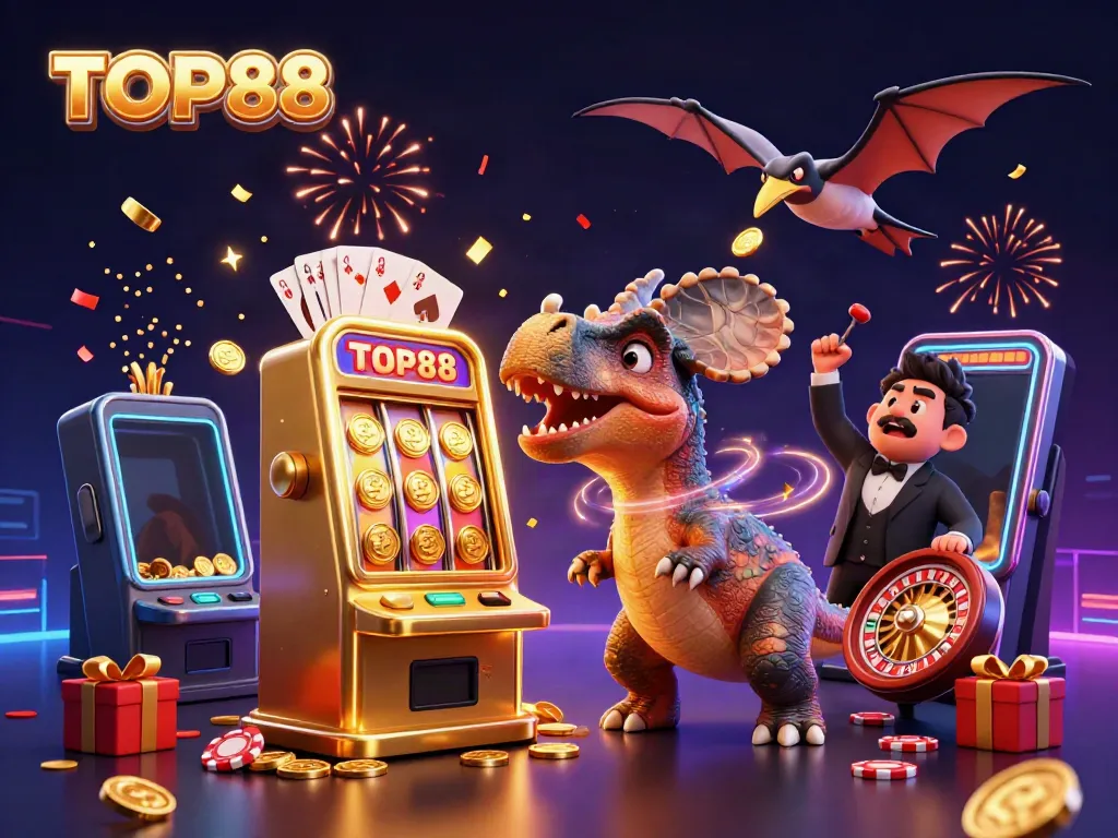 TOP88 casino scene with animated dinosaurs celebrating jackpot wins from a golden slot machine.