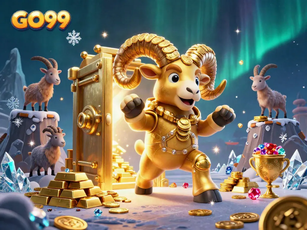 Experience excitement with GO99 as a golden ram charges through dazzling treasures in this vibrant casino-themed illustration.