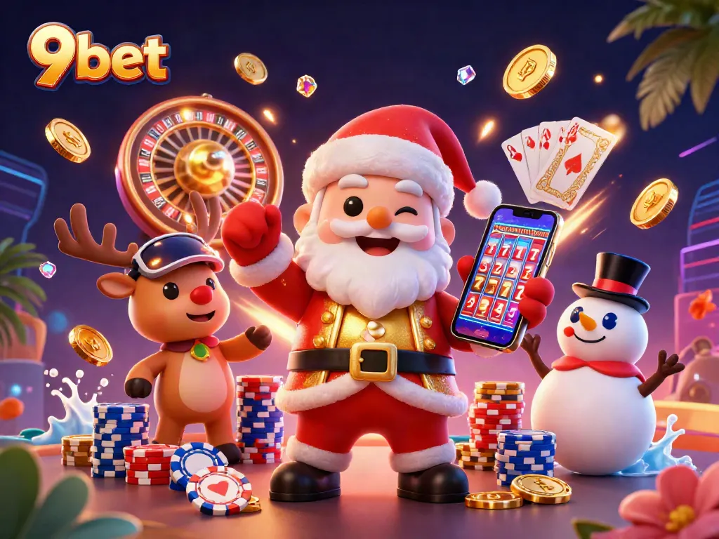 Spin to win with 9bet as Santa and friends celebrate jackpot slots in a vibrant casino scene.