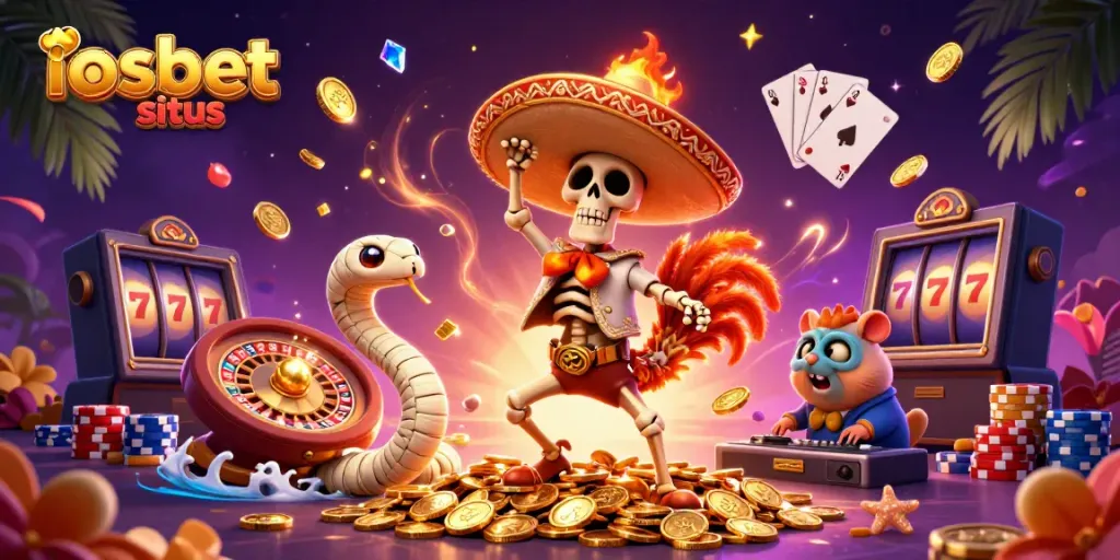 Ruang permainan dengan iosbet situs, skeleton mariachi dan karakter menarik seputar koin emas.