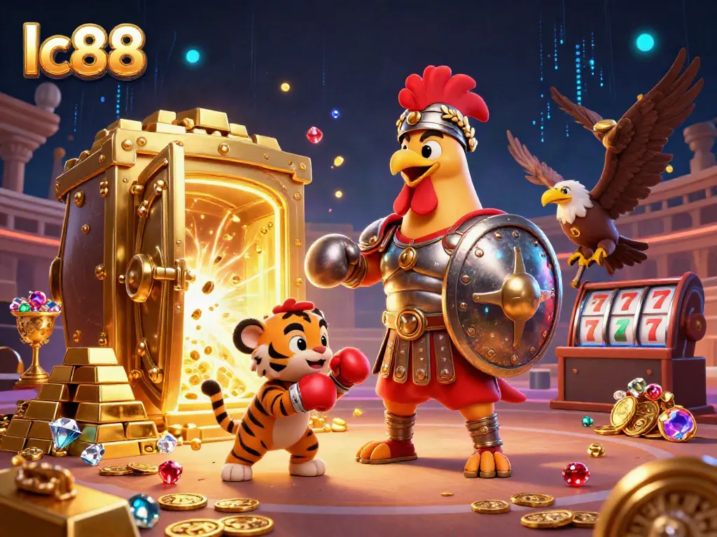 Experience the excitement of lc88 with a gladiator rooster and casino elements.