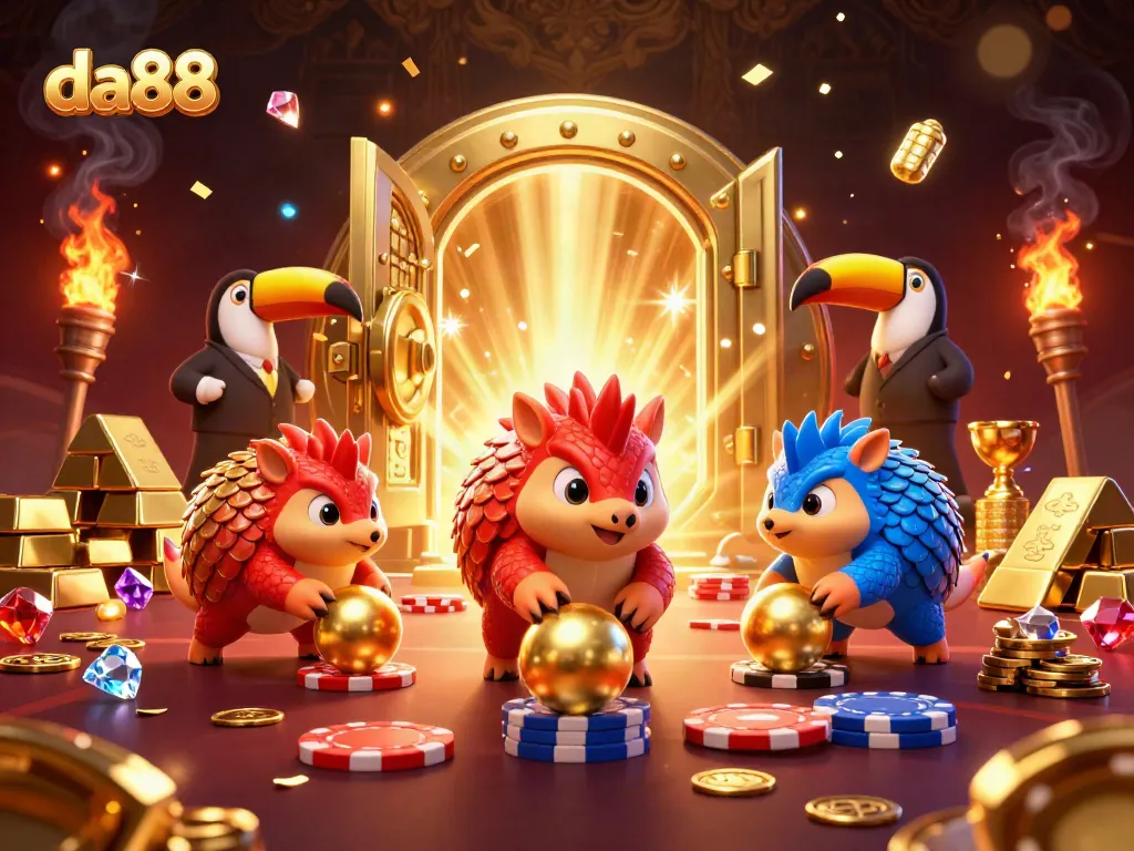Engaging da88 gaming scene with cartoon pangolins enjoying a vibrant casino atmosphere.