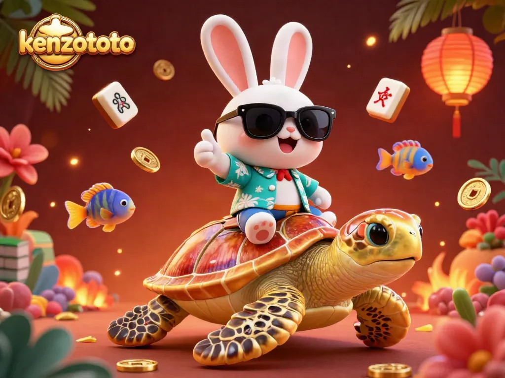 Kenzototo's vibrant underwater adventure featuring a lucky rabbit and a golden sea turtle in a colorful fish scene.