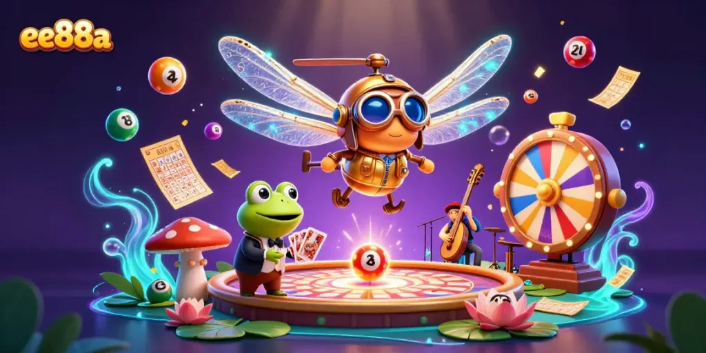 Engage with ee88a’s vibrant casino scene featuring a dragonfly pilot and frog croupier.