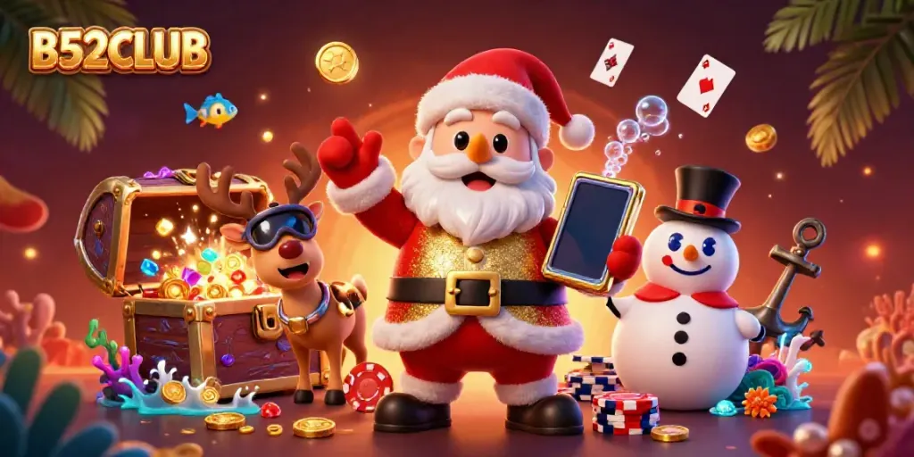 Play slots with B52CLUB while festive characters enhance the gaming experience.