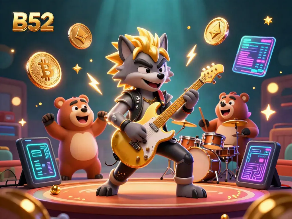 B52 showcases a dynamic casino scene with a rock star wolf and drummer bear surrounded by glowing crypto coins and vibrant effects.
