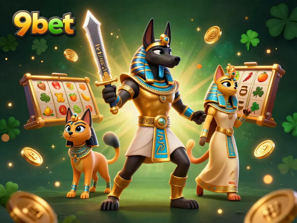 Experience the thrill of 9bet with Anubis and Bastet amid vibrant casino elements.
