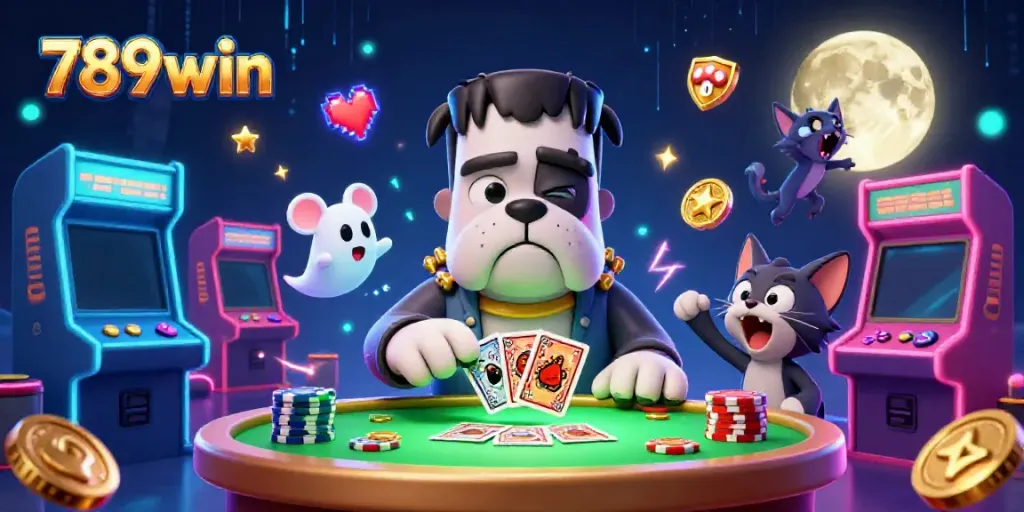 Playing cards dealt by 789win's Frankenstein bulldog at a spooky casino table with vibrant energy.