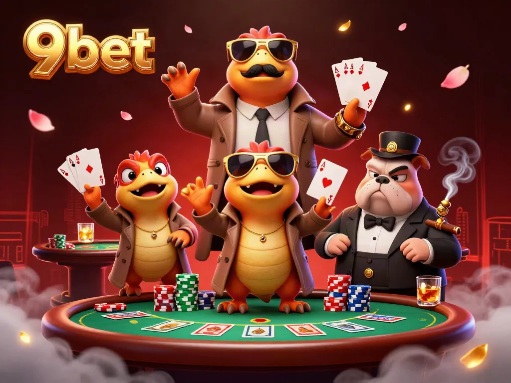 Engage with 9bet's thrilling casino vibes in a colorful 3D scene with raptors and a bulldog bouncer.