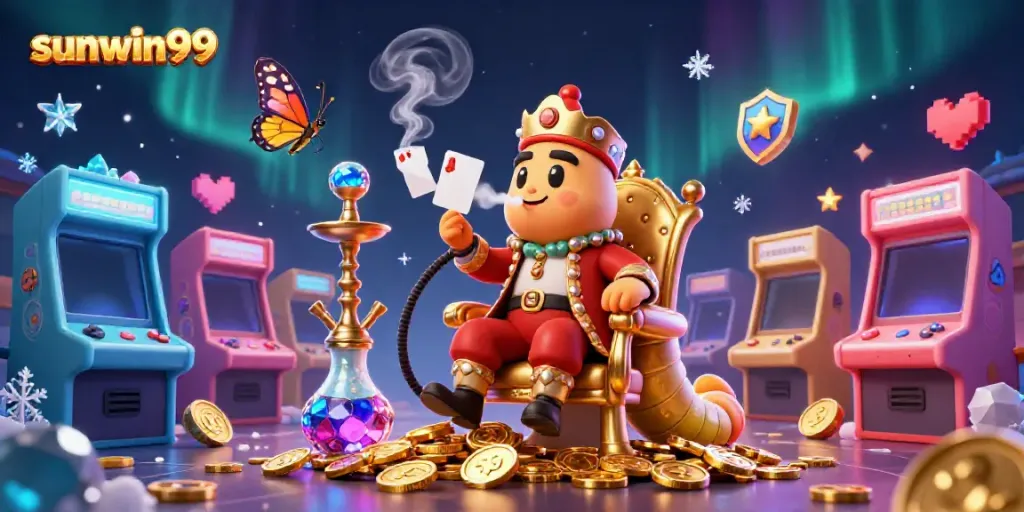 Experience thrilling games at sunwin99 with an animated caterpillar master in a colorful casino scene.