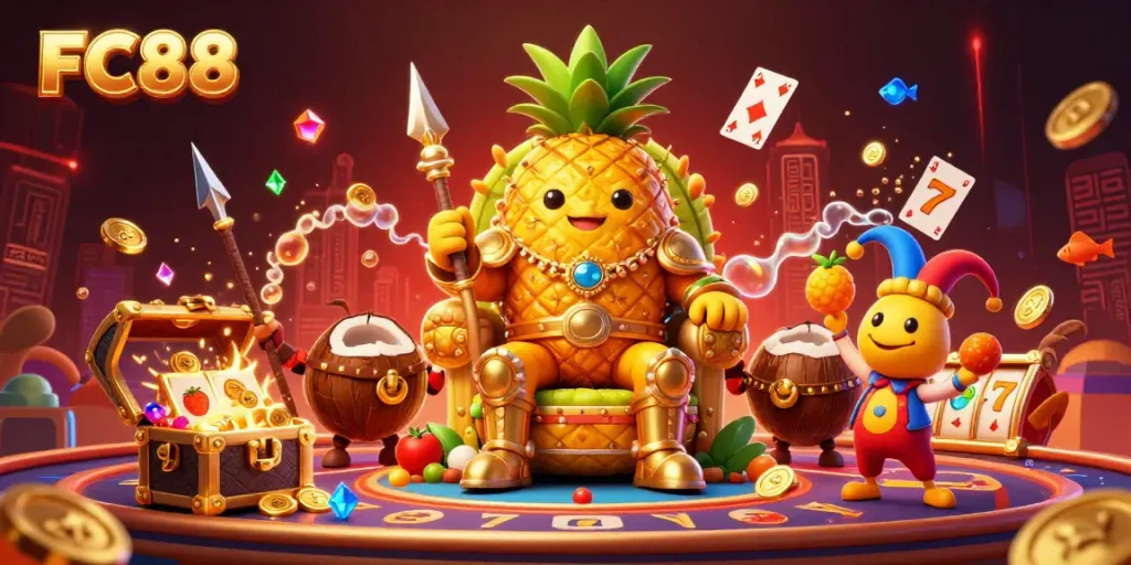 Experience excitement at FC88 with a colorful 3D illustration featuring a golden pineapple king, surrounded by gem-filled treasures.