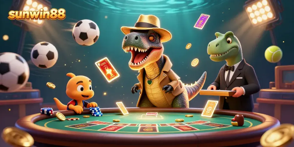 Win big with sunwin88 at a vibrant casino scene featuring unique characters and dynamic game elements.