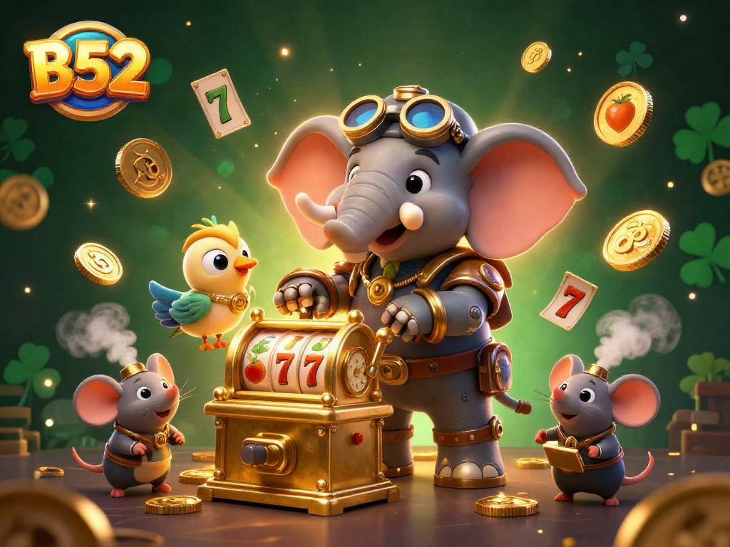 Experience B52 gaming fun with a steampunk elephant and slot machine action in this vibrant 3D illustration.