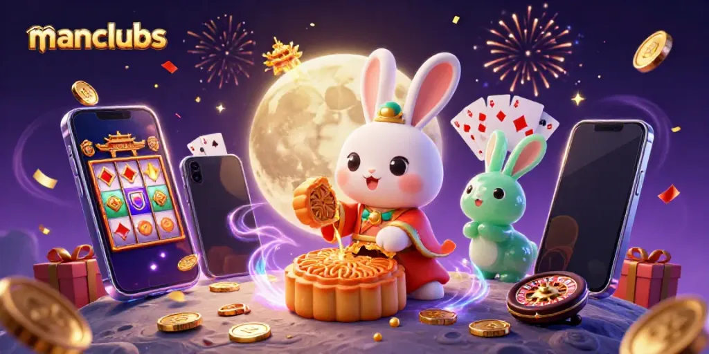 Engaging scene with manclubs as the moon rabbit celebrates casino wins with poker chips and gaming elements.