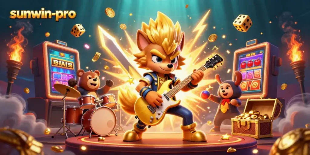 Experience the thrilling action of sunwin-pro with a rock star wolf and drummer bear in a colorful casino explosion.