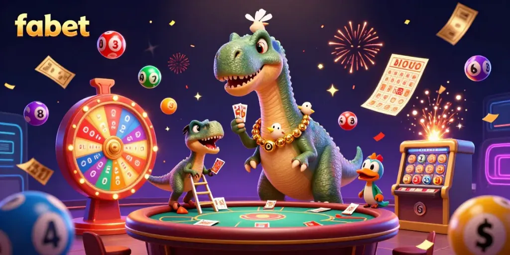 Experience a vibrant and fun casino scene with fabet featuring a brontosaurus and clever raptor.