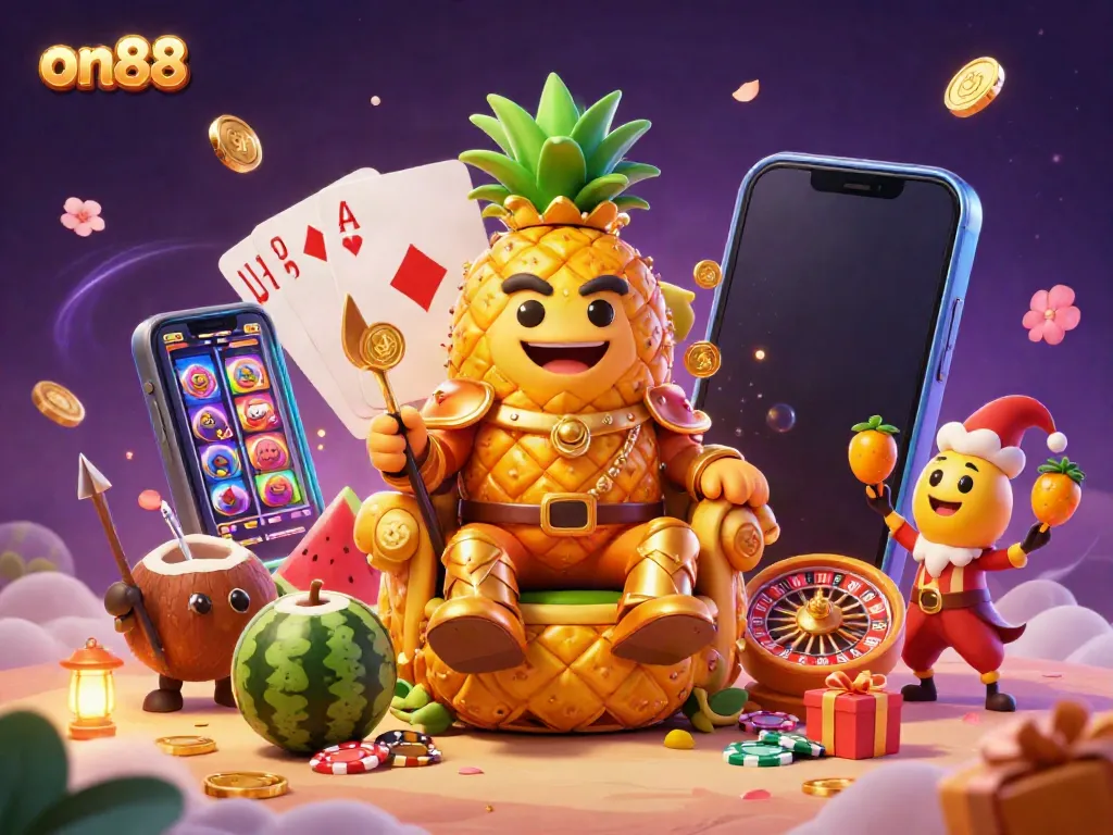 Experience slot gaming excitement with on88's vibrant 3D casino illustration featuring a pineapple king and lively characters.