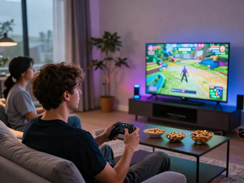 Immersive gaming on GARUDA404 platform in a cozy living room setting.