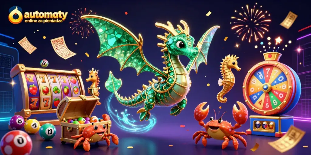 Winning at automaty online za pieniadze with exciting slot reels and lottery elements in a colorful scene