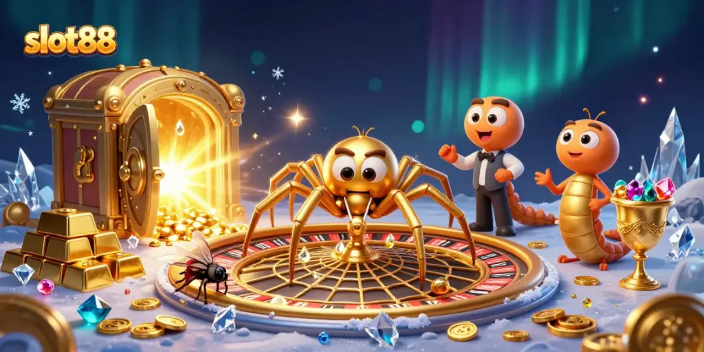 Slot88 menjamin keseruan bermain dengan ilustrasi roda roulette dan laba-laba emas.
