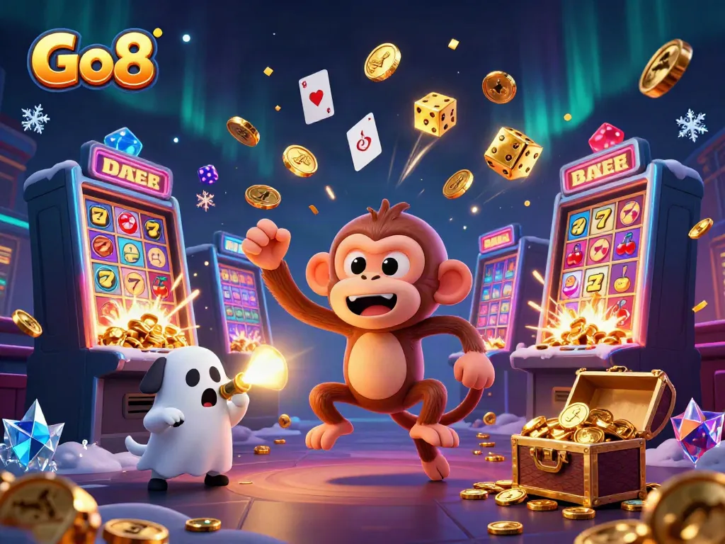 Go8 showcases a lively casino scene with a playful monkey and ghost-hunter puppy amidst jackpot excitement.