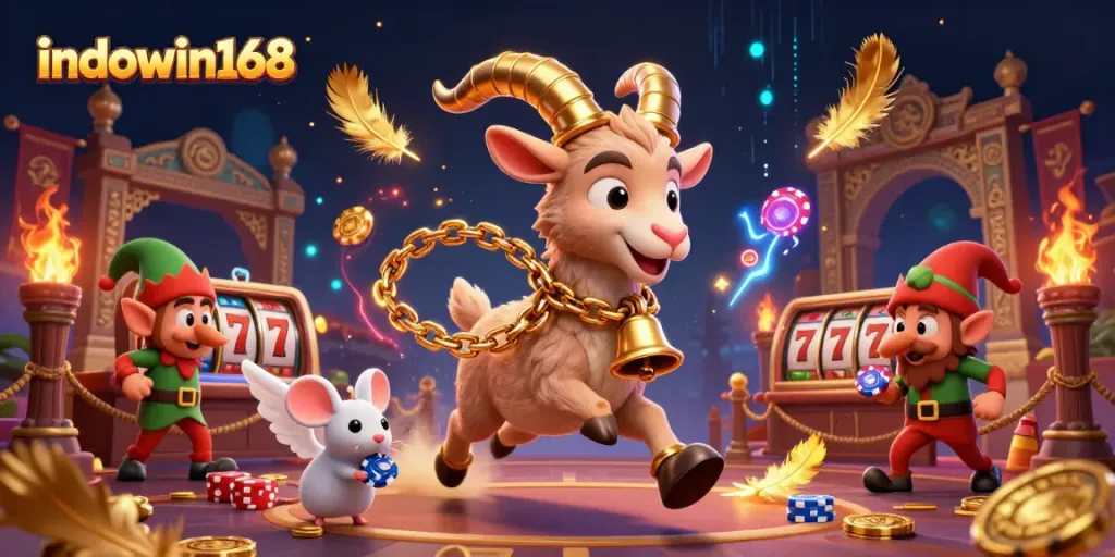 Experience exciting gaming at indowin168 with Krampus, angel mouse, and elf gremlins in a vibrant casino.