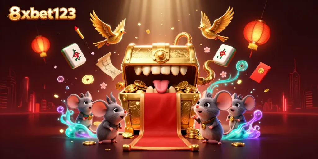 Experience gaming thrills at 8xbet123 with a vibrant and rich treasure chest scene, inviting adventure.