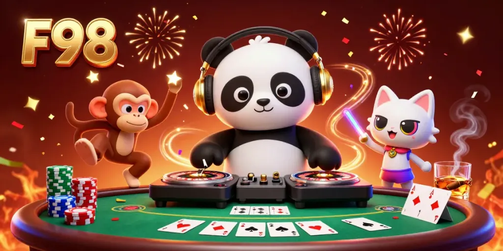 F98 gaming fun with a DJ panda and breakdancing monkey creating a lively casino atmosphere