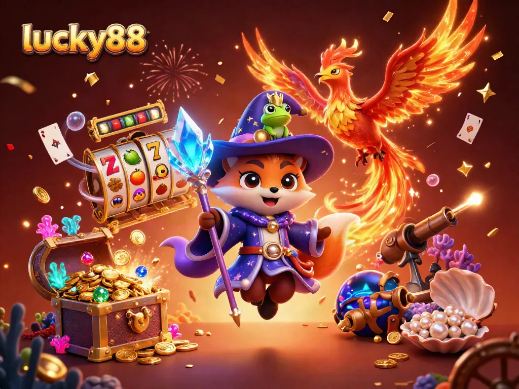 Experience the excitement of lucky88 with vibrant visuals of 3D characters, slot elements, and colorful gems.