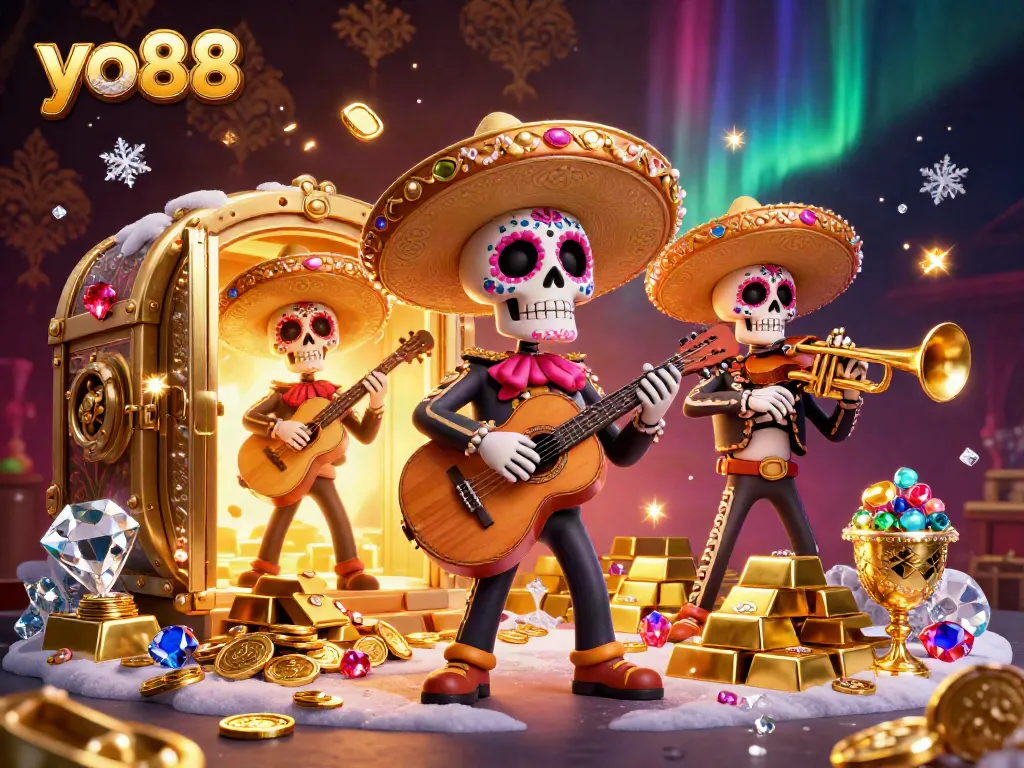 Experience exciting gameplay with yo88 in this vibrant 3D illustration featuring a mariachi band amidst gold and jewels.