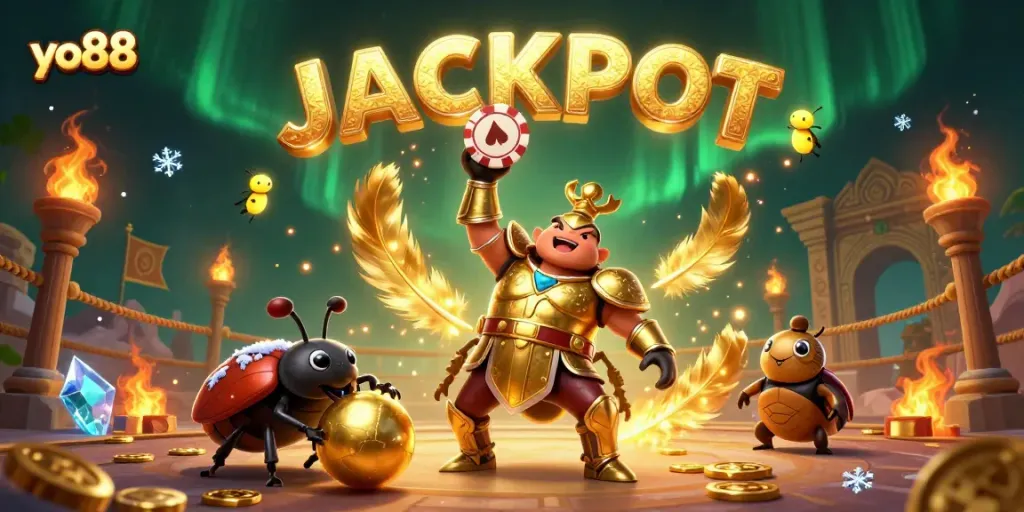 Experience the thrill of yo88 with a victorious beetle lifting a poker chip amidst golden elements and jackpot fireworks.