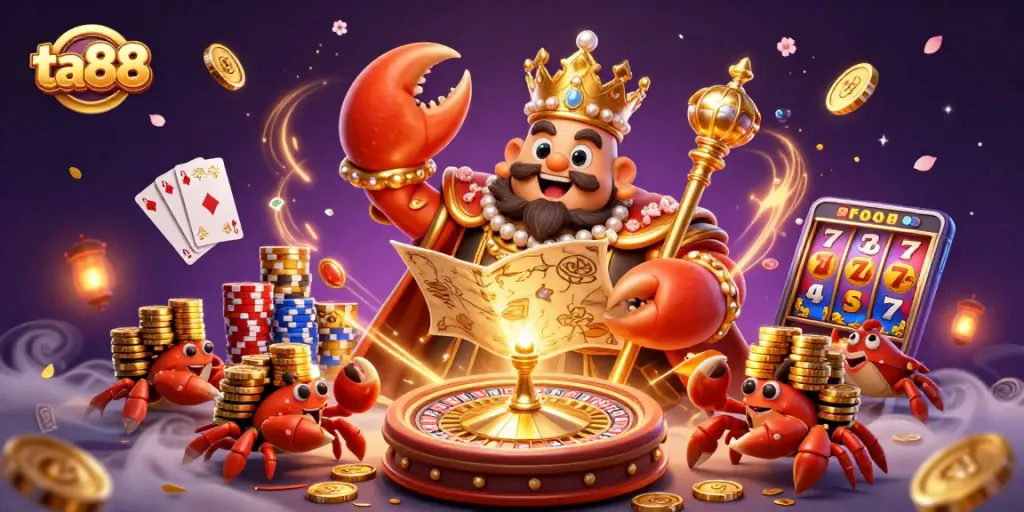 Experience the excitement at ta88 with golden coins, royal scepter, and dynamic casino elements