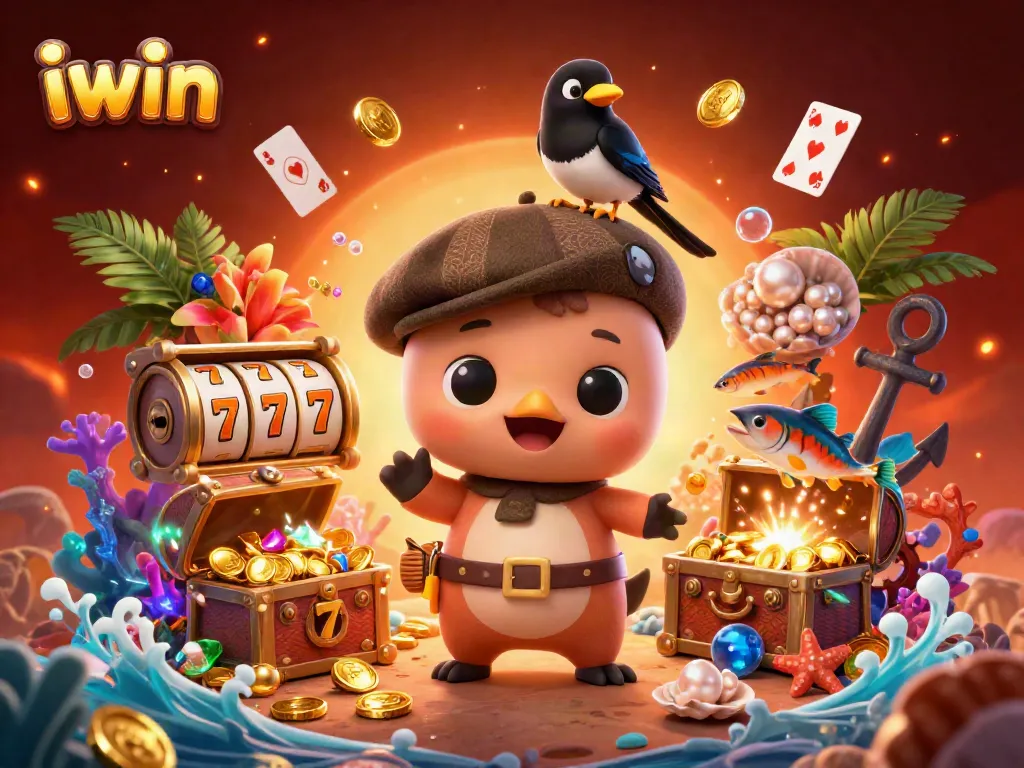 Engage in thrilling iwin casino adventures featuring a vibrant scene of cartoon characters amidst slot reels and treasures.