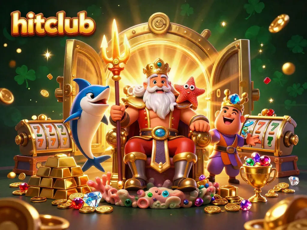 Hitclub illustrates Neptune with treasures and slots in a vibrant casino scene.