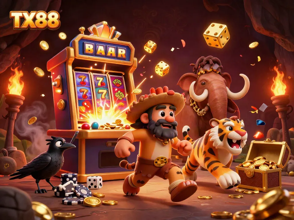 TX88 showcases a thrilling casino scene with a caveman, sabertooth tiger, and clever crow amid jackpot victories and vibrant gaming elements.