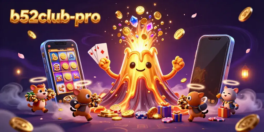 Experience winning moments with b52club-pro featuring a golden volcano and vibrant casino games.