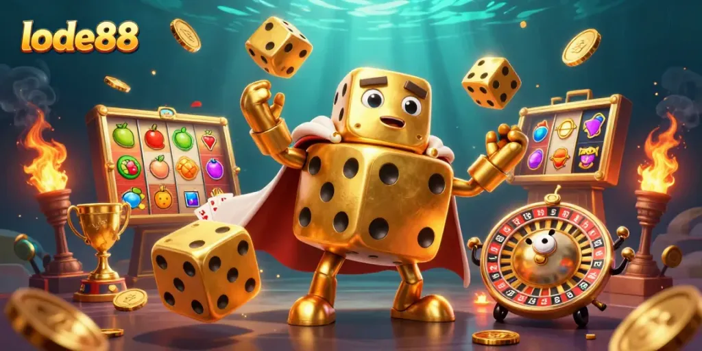 Experience the excitement of lode88 with our animated golden dice golem juggling in a vibrant casino world.