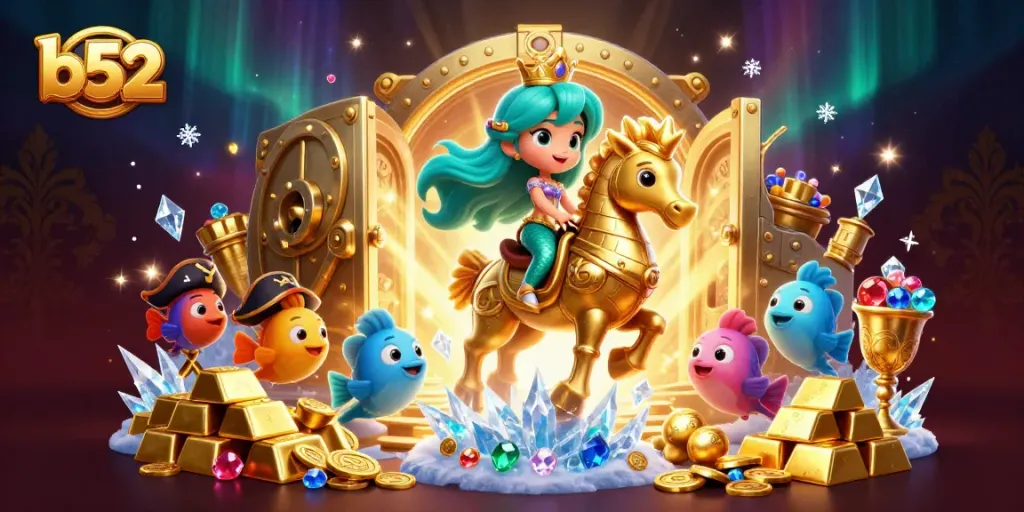 Engage in thrilling b52 casino action with a mermaid princess and seahorse among gold treasures.