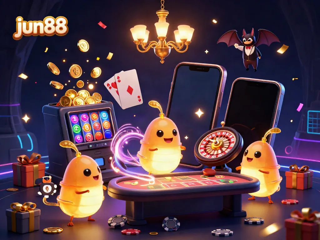 Experience vibrant casino excitement with jun88's glowing characters and dynamic elements.