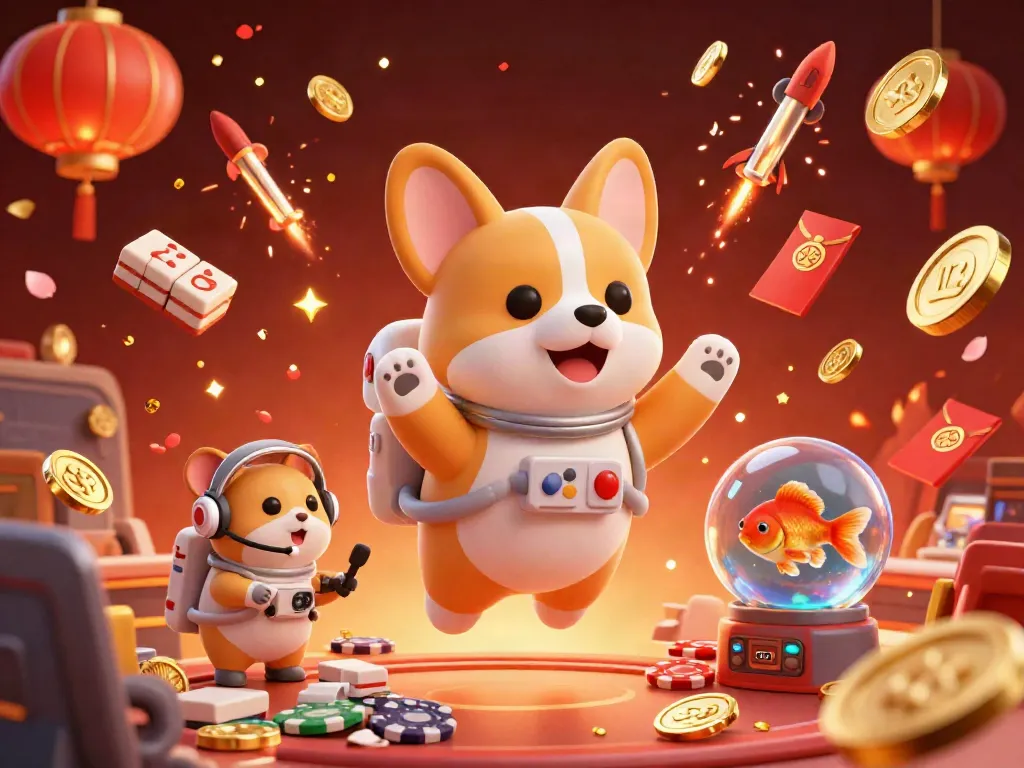 Xoilactv brings you a playful scene of an astronaut corgi and friends enjoying a vibrant space casino experience.